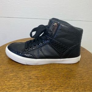 Guess black leather, croc embossed, high top, tennis shoes
